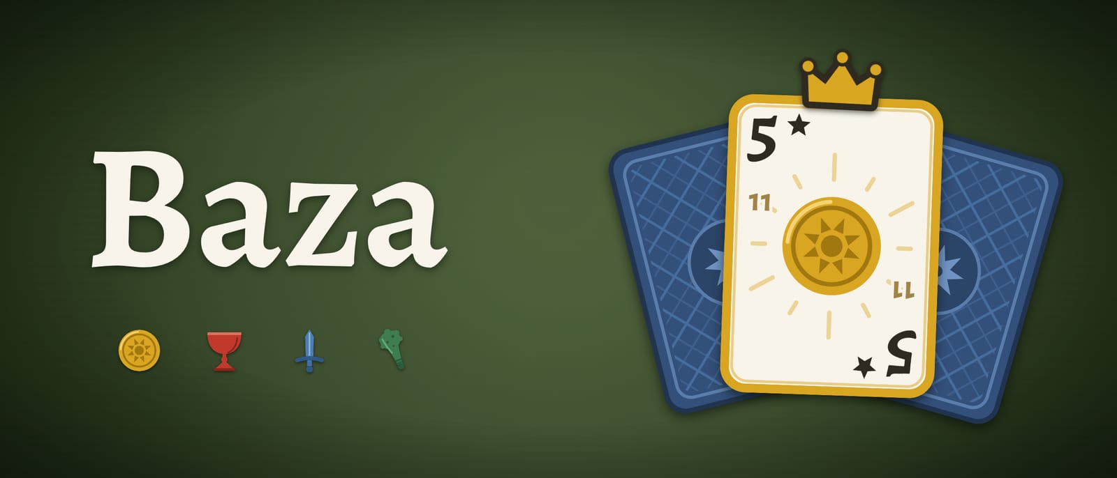 Baza: the wordmark, the four Latin suits and a crowned Ace of Coins on two card backs.