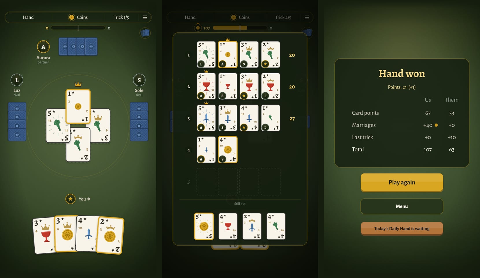 Left: a trick in progress with the crown on the winning card. Centre: the review panel, three tricks in, with the cards still out. Right: the hand tally with a royal marriage.
