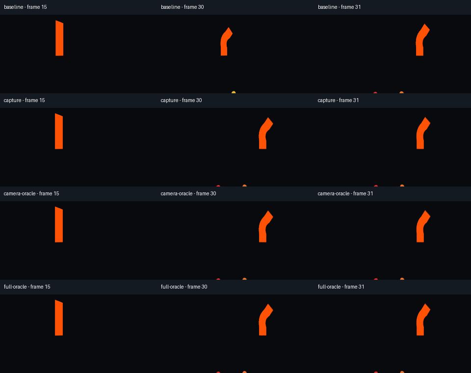 Baseline, corrected capture, camera reference and CPU skin reference at frames 15, 30 and 31. The middle column is a hard cut; the old viewpoint is visibly late.