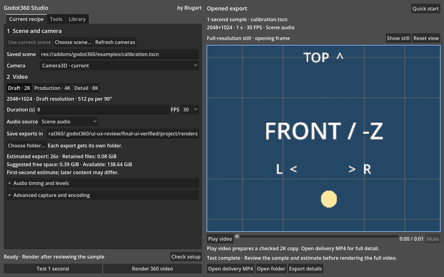 Godot360 Studio: the current recipe on the left and a completed spherical export on the right.