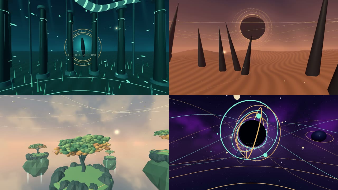 Four worlds rendered with Godot360: an underwater archive, a glass desert, a sky garden and a star engine.