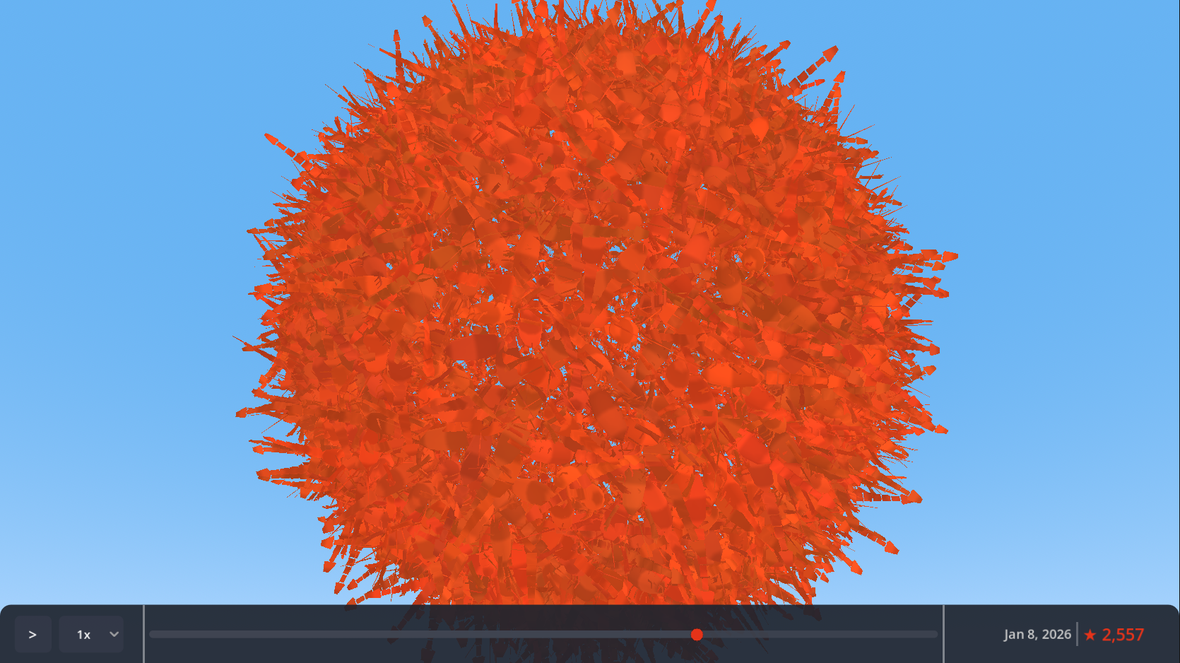 2,557 procedural lobsters arranged on a Fibonacci sphere
